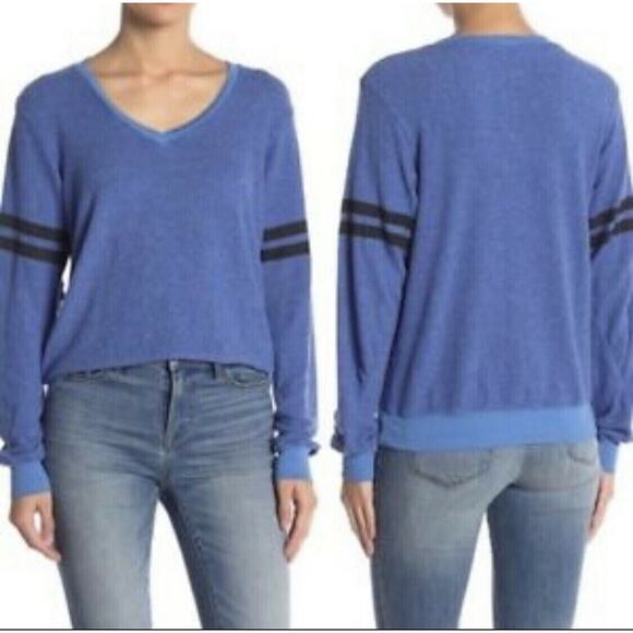 $98 Wildfox Essential V Neck Pullover Jumper Blue Stripe Long Sleeve Casual L - Picture 1 of 10